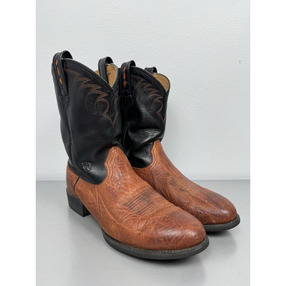Ariat Cowboy Boots Mens 10 EE Cognac Black Leather Round Toe Heritage Western